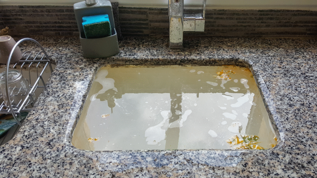 A blocked kitchen sink full of water